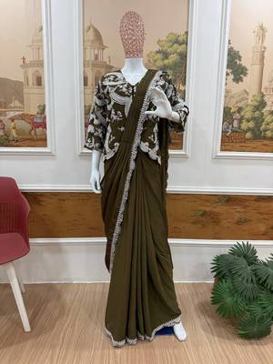 mehendi embroidered silk blend saree with koti set 2