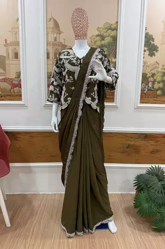 mehendi embroidered silk blend saree with koti set