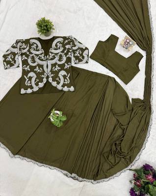 mehendi embroidered silk blend saree with koti set 4