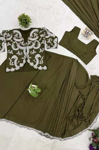 mehendi embroidered silk blend saree with koti set