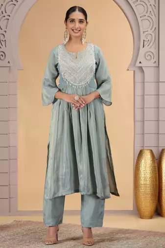 Green orgenza shimmer a - line kurta set with pant