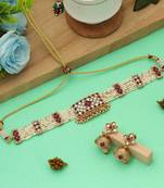 Maroon color choker matte gold necklace set