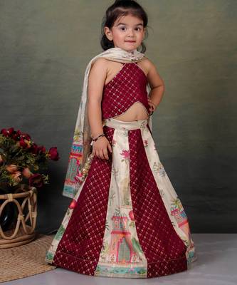 maroon silk printed lehenga choli set for girls 1