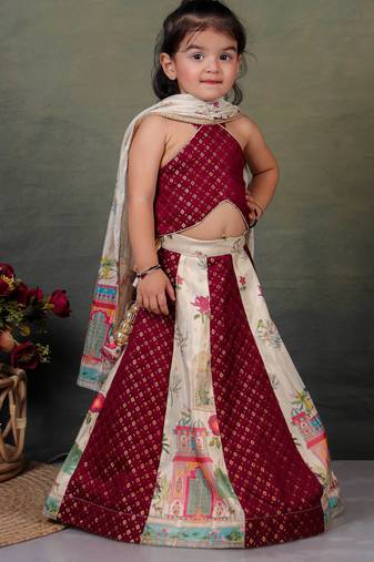 maroon silk printed lehenga choli set for girls