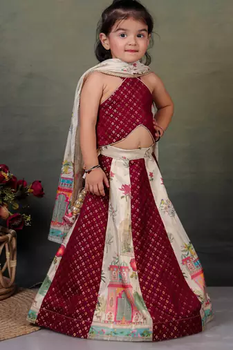 maroon silk printed lehenga choli set for girls