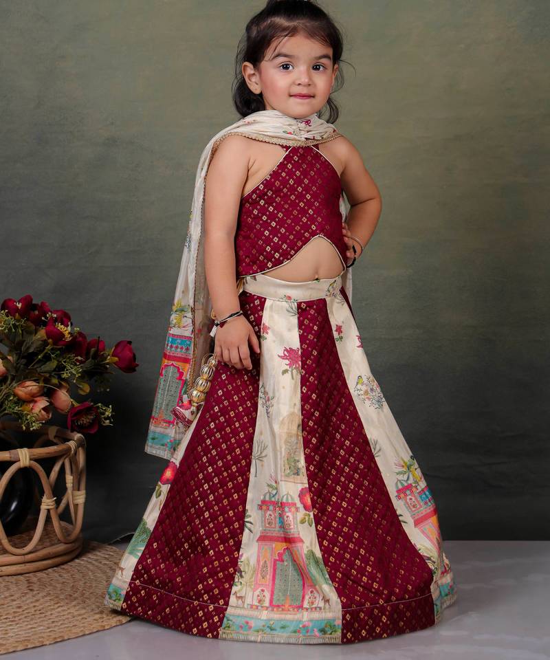 maroon silk printed lehenga choli set for girls