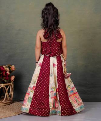 maroon silk printed lehenga choli set for girls 2
