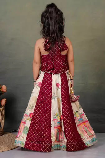 maroon silk printed lehenga choli set for girls