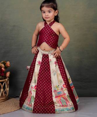 maroon silk printed lehenga choli set for girls 3