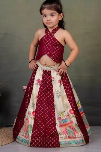 maroon silk printed lehenga choli set for girls
