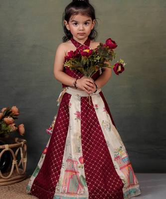 maroon silk printed lehenga choli set for girls 4