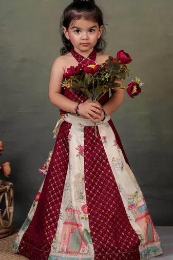 maroon silk printed lehenga choli set for girls