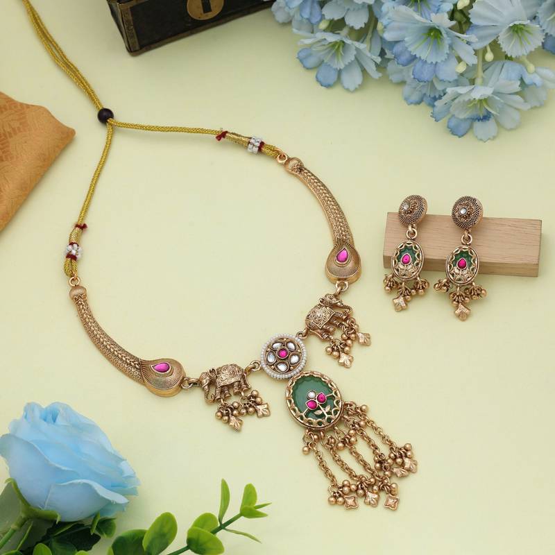 Rani & green color matte gold necklace set