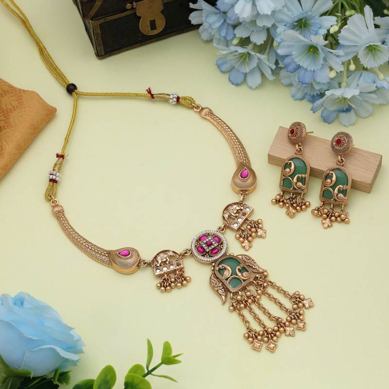 Rani & green color matte gold necklace set