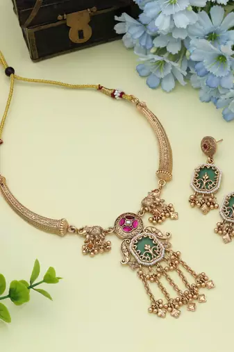 Rani & green color matte gold necklace set