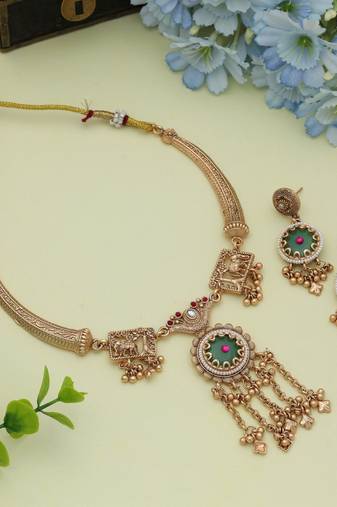 Rani & green color matte gold necklace set