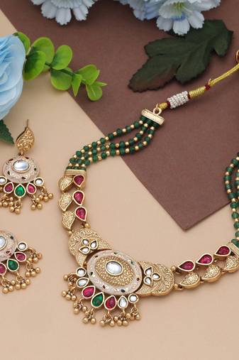 Rani & green color matte gold necklace set