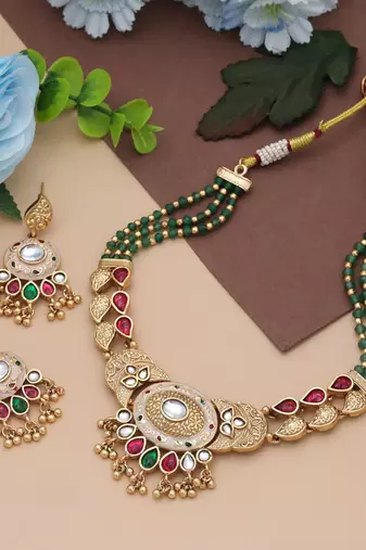Rani & green color matte gold necklace set
