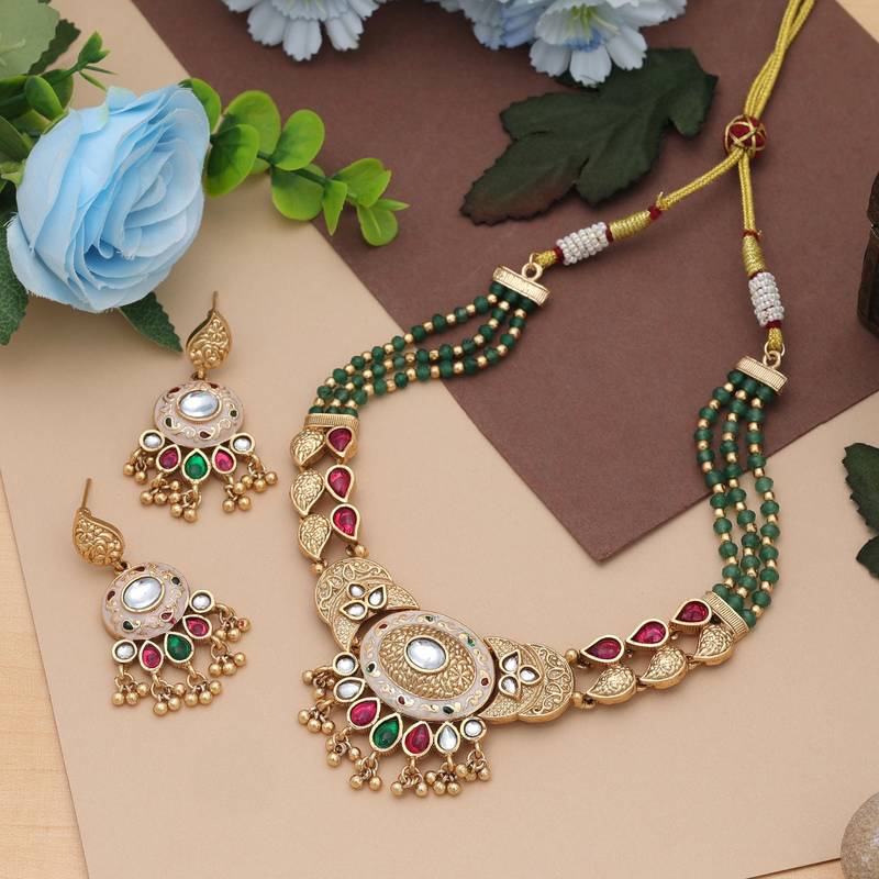Rani & green color matte gold necklace set