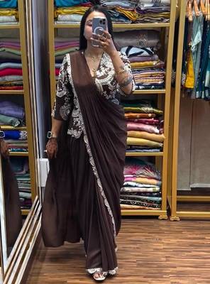 dark brown silk embroidered border party wear saree 1