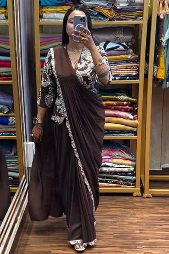 dark brown silk embroidered border party wear saree