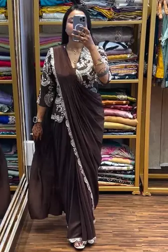 Dark Brown Color  Embroidery Work silk Saree