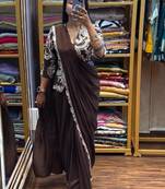 Dark Brown Color  Embroidery Work silk Saree