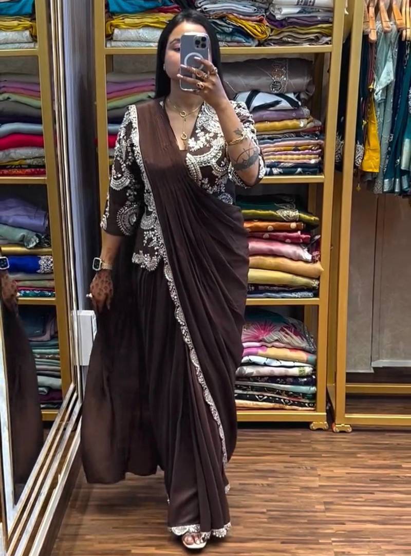 Dark Brown Color  Embroidery Work silk Saree