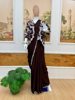 dark brown silk embroidered border party wear saree 2