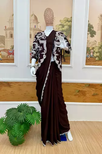 dark brown silk embroidered border party wear saree