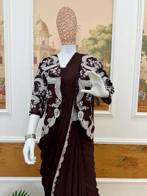 dark brown silk embroidered border party wear saree 3