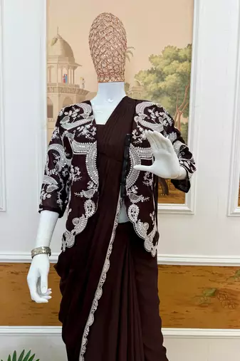 dark brown silk embroidered border party wear saree