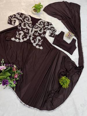 dark brown silk embroidered border party wear saree 4