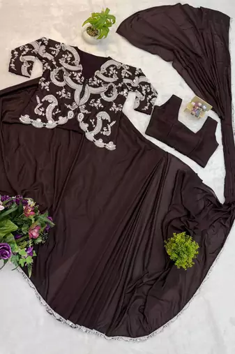 dark brown silk embroidered border party wear saree