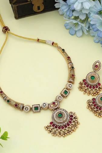 Rani & green color matte gold necklace set