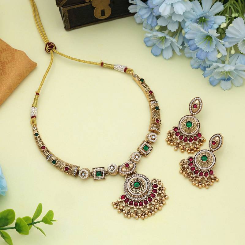 Rani & green color matte gold necklace set