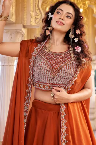 rust silk sequins & beaded embroidered lehenga choli