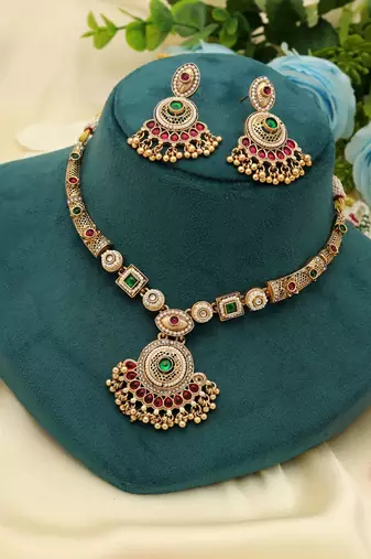 rani green kundan beads matte gold alloy choker necklace