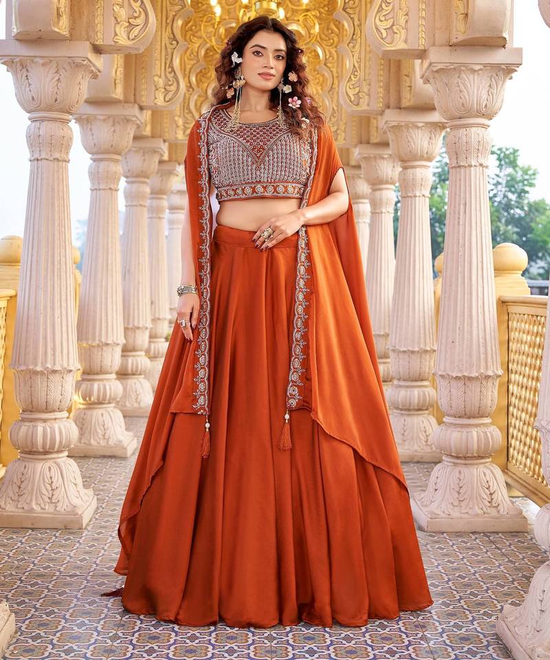 rust silk sequins & beaded embroidered lehenga choli