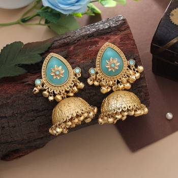 firozi stone gold plated jhumka earrings 2