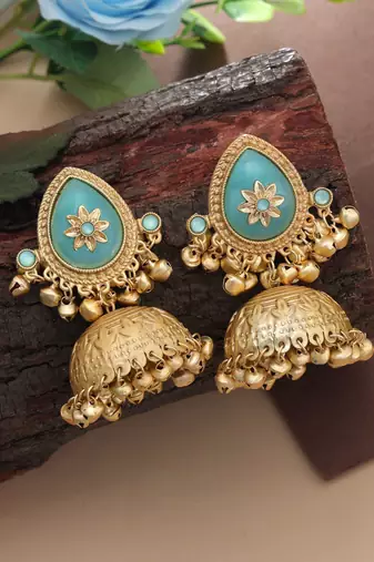 firozi stone gold plated jhumka earrings