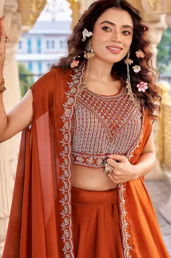 rust silk sequins & beaded embroidered lehenga choli
