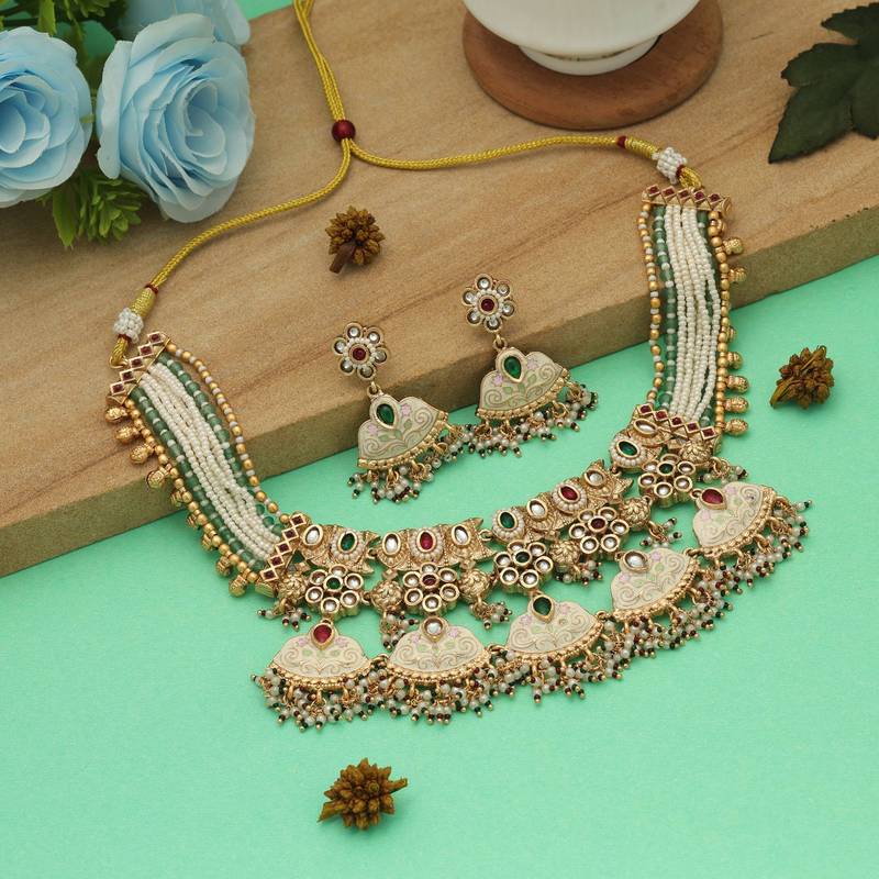 Multi color meena work matte gold necklace set