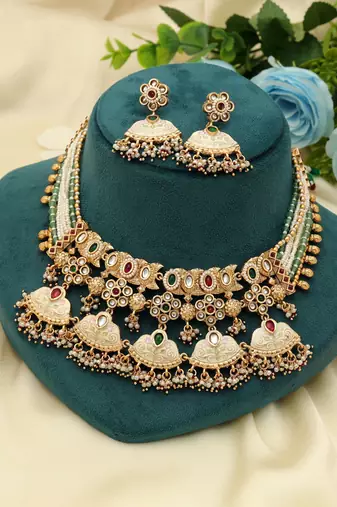 multicolor meena kundan matte gold alloy necklace set