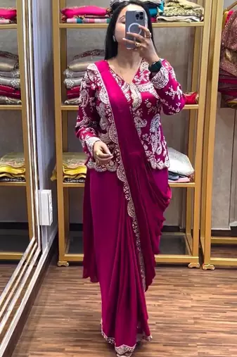 Rani  Pink Color  Embroidery Work silk Saree