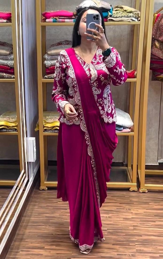 Rani  Pink Color  Embroidery Work silk Saree