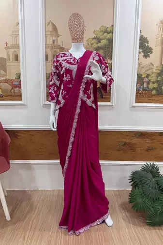 rani pink silk embroidered border party wear saree