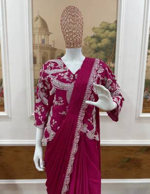 rani pink silk embroidered border party wear saree 3