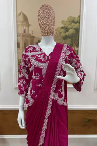 rani pink silk embroidered border party wear saree