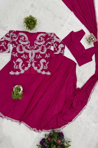 rani pink silk embroidered border party wear saree
